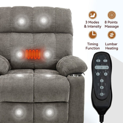 Oversized Power Lift Recliner Chair with Dual Motor, Massage & Lumbar Heat, Chenille Upholstery, Dual Cup Holders & Side Pockets