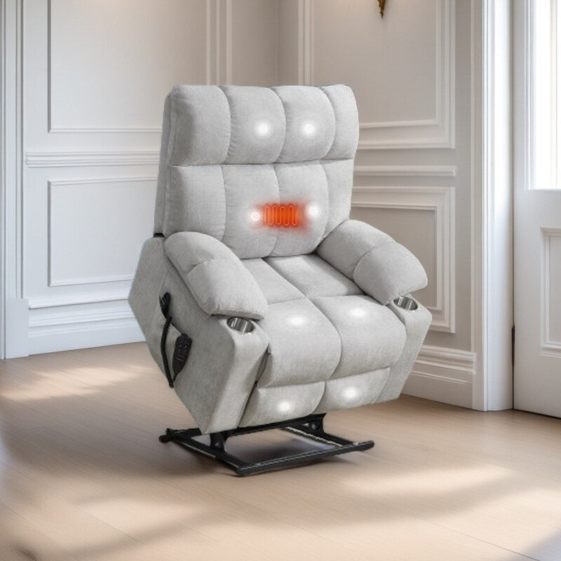 Oversized Power Lift Recliner Chair with Dual Motor, Massage & Lumbar Heat, Chenille Upholstery, Dual Cup Holders & Side Pockets