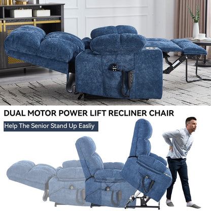 Oversized Power Lift Recliner Chair with Dual Motor, Massage & Lumbar Heat, Chenille Upholstery, Dual Cup Holders & Side Pockets