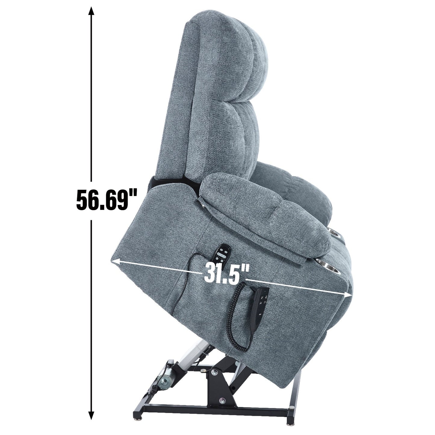 Oversized Power Lift Recliner Chair with Dual Motor, Massage & Lumbar Heat, Chenille Upholstery, Dual Cup Holders & Side Pockets