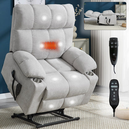 Oversized Power Lift Recliner Chair with Dual Motor, Massage & Lumbar Heat, Chenille Upholstery, Dual Cup Holders & Side Pockets