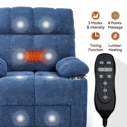 Oversized Power Lift Recliner Chair with Dual Motor, Massage & Lumbar Heat, Chenille Upholstery, Dual Cup Holders & Side Pockets