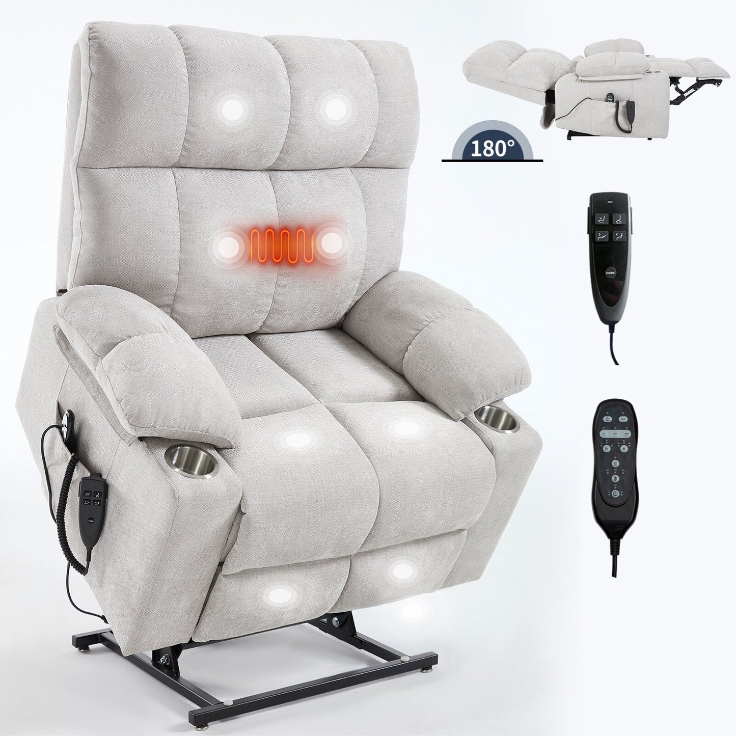Oversized Power Lift Recliner Chair with Dual Motor, Massage & Lumbar Heat, Chenille Upholstery, Dual Cup Holders & Side Pockets
