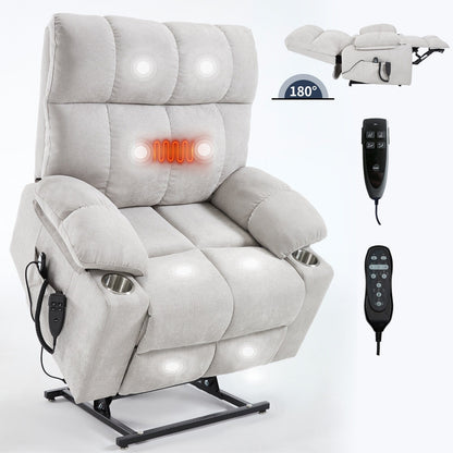 Oversized Power Lift Recliner Chair with Dual Motor, Massage & Lumbar Heat, Chenille Upholstery, Dual Cup Holders & Side Pockets
