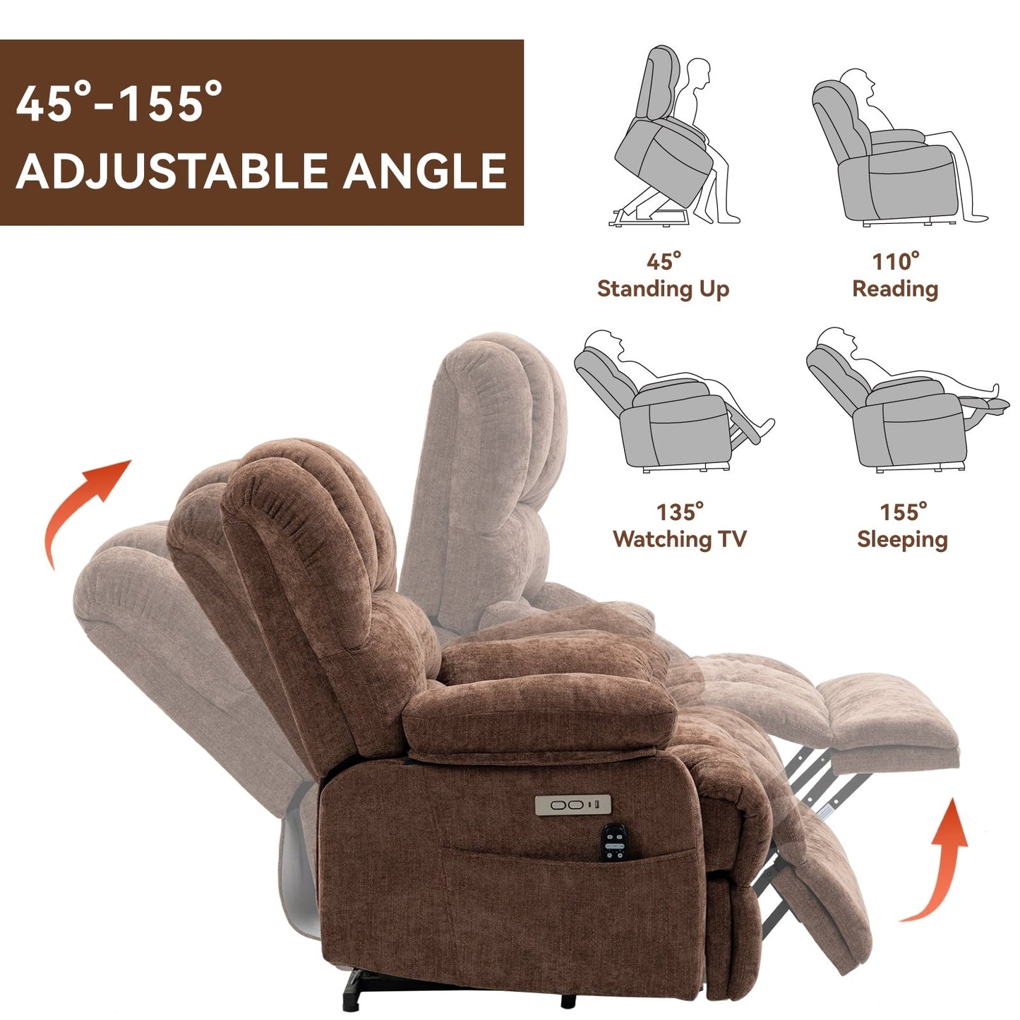 Oversized Power Lift Recliner Chair with Massage, Heat, 8-Point Vibration, Lumbar Heating, USB Port, Dual Side Pockets