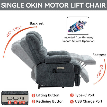 Oversized Power Lift Recliner Chair with Massage, Heat, 8-Point Vibration, Lumbar Heating, USB Port, Dual Side Pockets