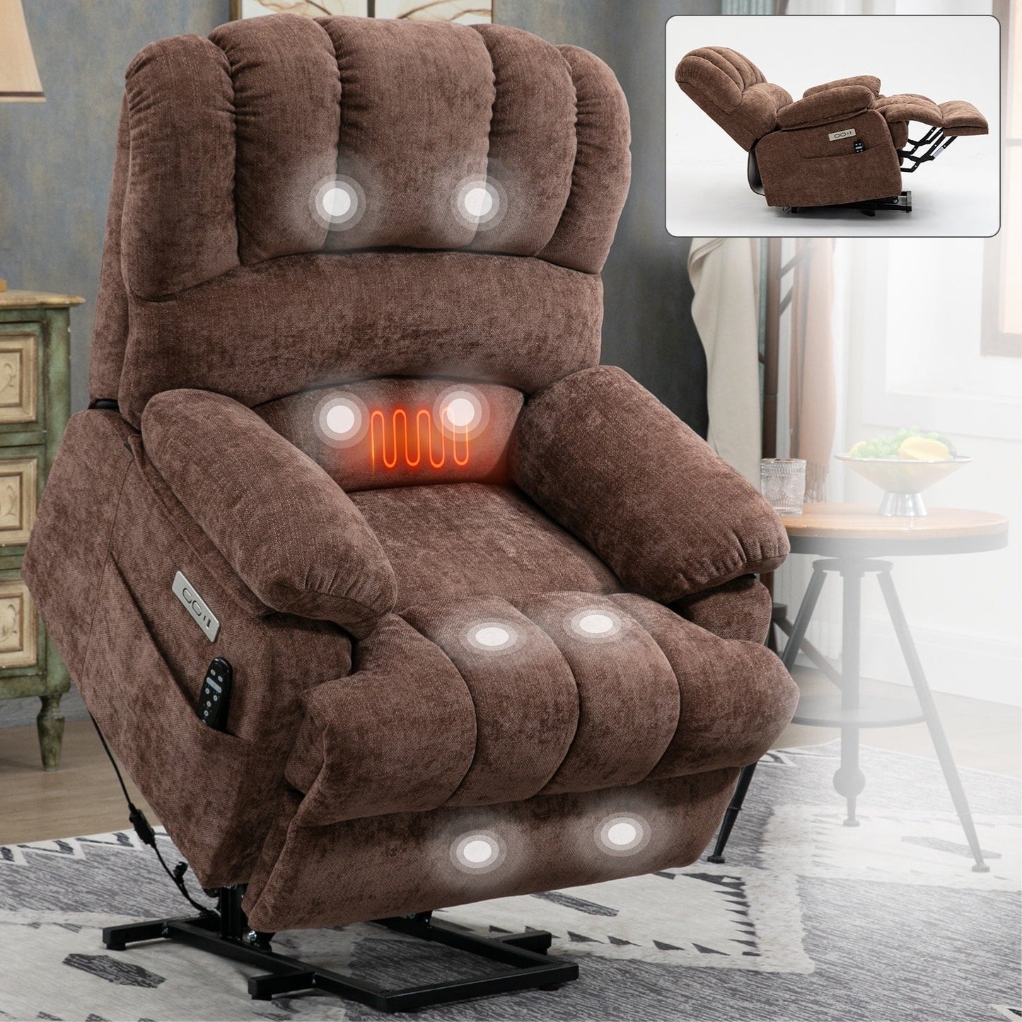 Oversized Power Lift Recliner Chair with Massage, Heat, 8-Point Vibration, Lumbar Heating, USB Port, Dual Side Pockets