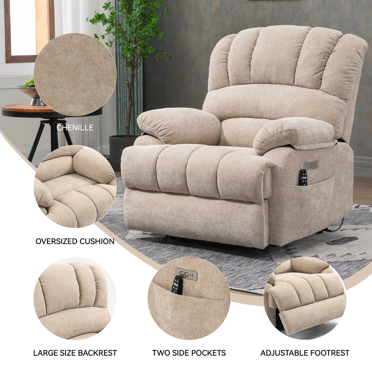 Oversized Power Lift Recliner Chair with Massage, Heat, 8-Point Vibration, Lumbar Heating, USB Port, Dual Side Pockets