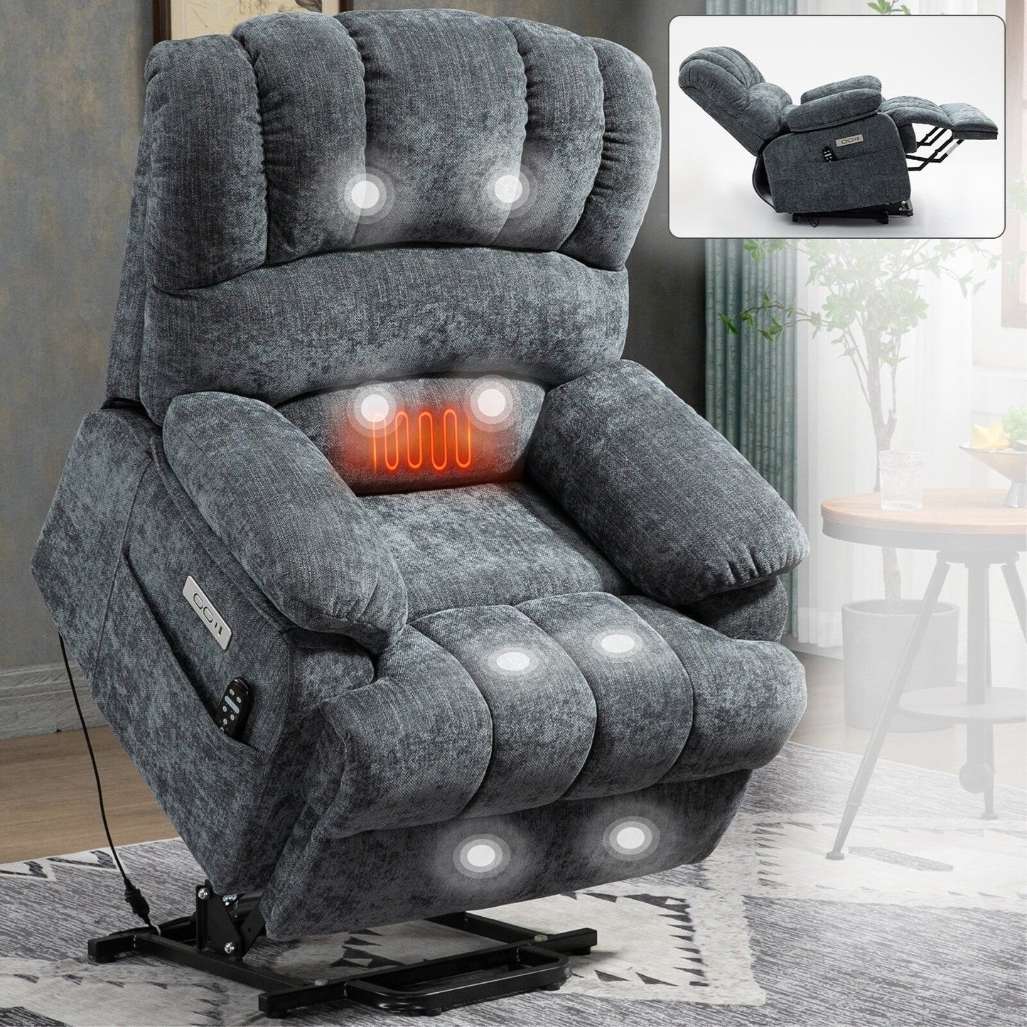 Oversized Power Lift Recliner Chair with Massage, Heat, 8-Point Vibration, Lumbar Heating, USB Port, Dual Side Pockets