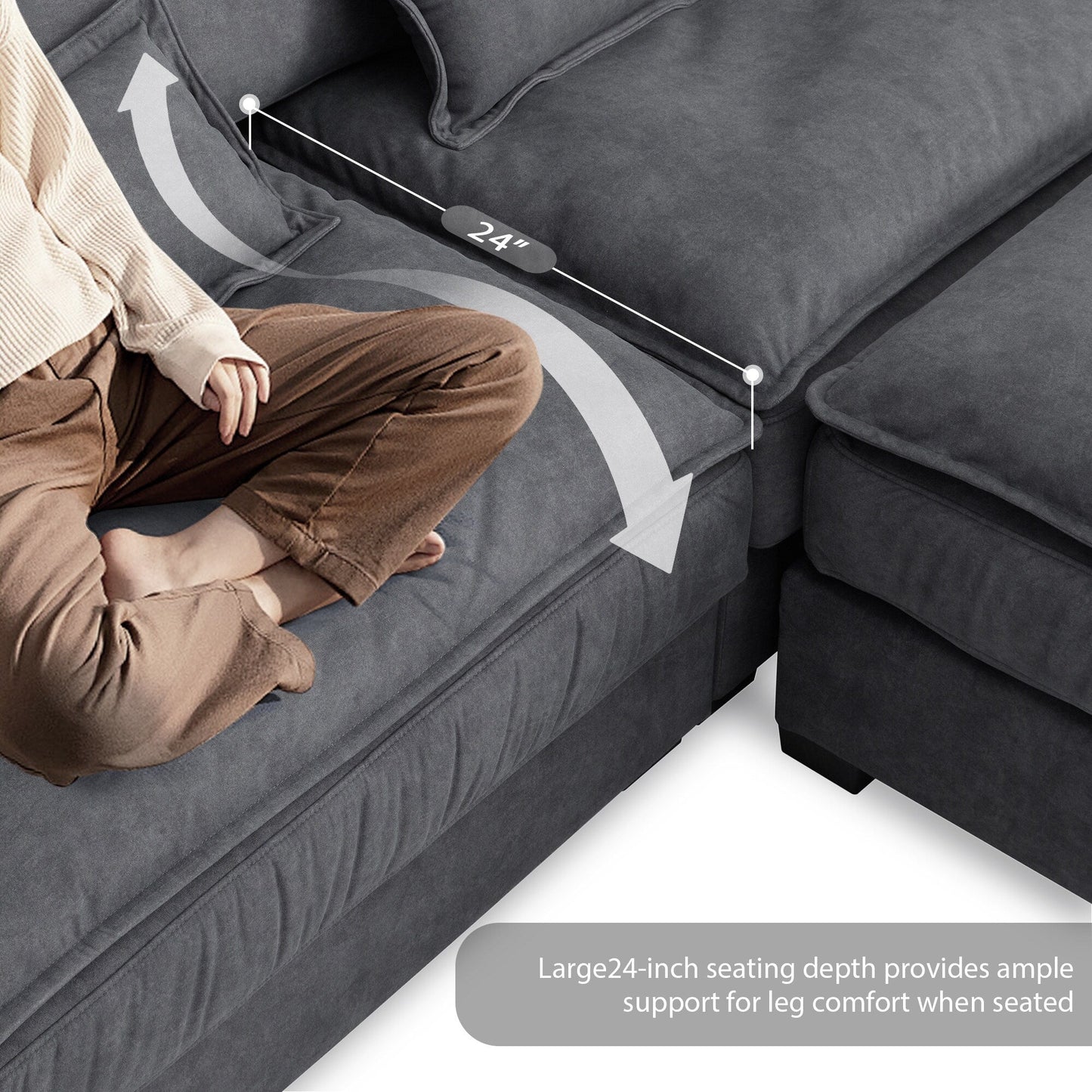 Oversized Sectional Sofa With Bentwood Armrests,Upholstered Indoor Furniture With Double Cushions,L Shape Couch With Ottoman