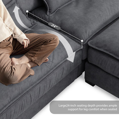 Oversized Sectional Sofa With Bentwood Armrests,Upholstered Indoor Furniture With Double Cushions,L Shape Couch With Ottoman