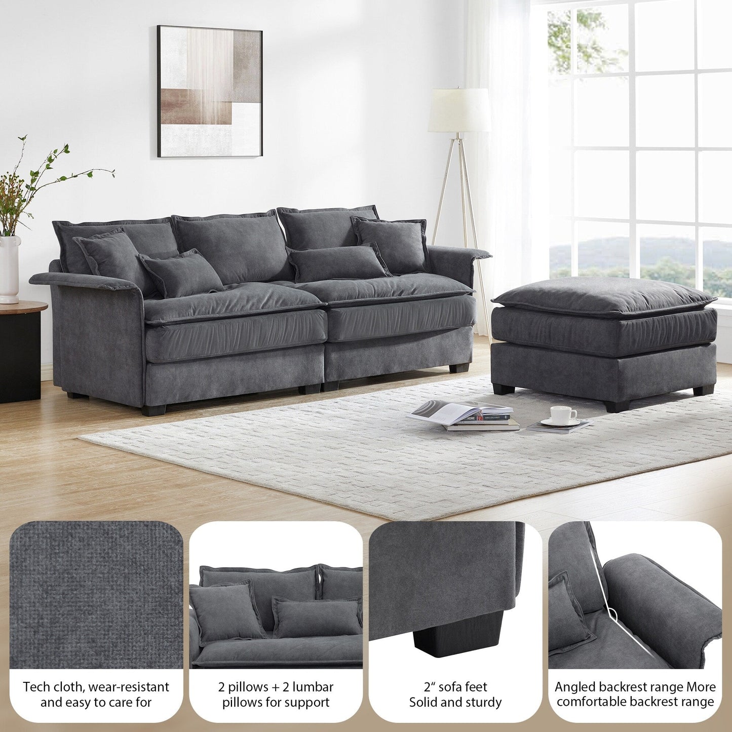 Oversized Sectional Sofa With Bentwood Armrests,Upholstered Indoor Furniture With Double Cushions,L Shape Couch With Ottoman