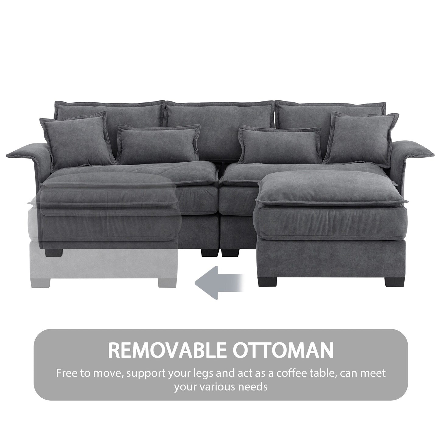 Oversized Sectional Sofa With Bentwood Armrests,Upholstered Indoor Furniture With Double Cushions,L Shape Couch With Ottoman