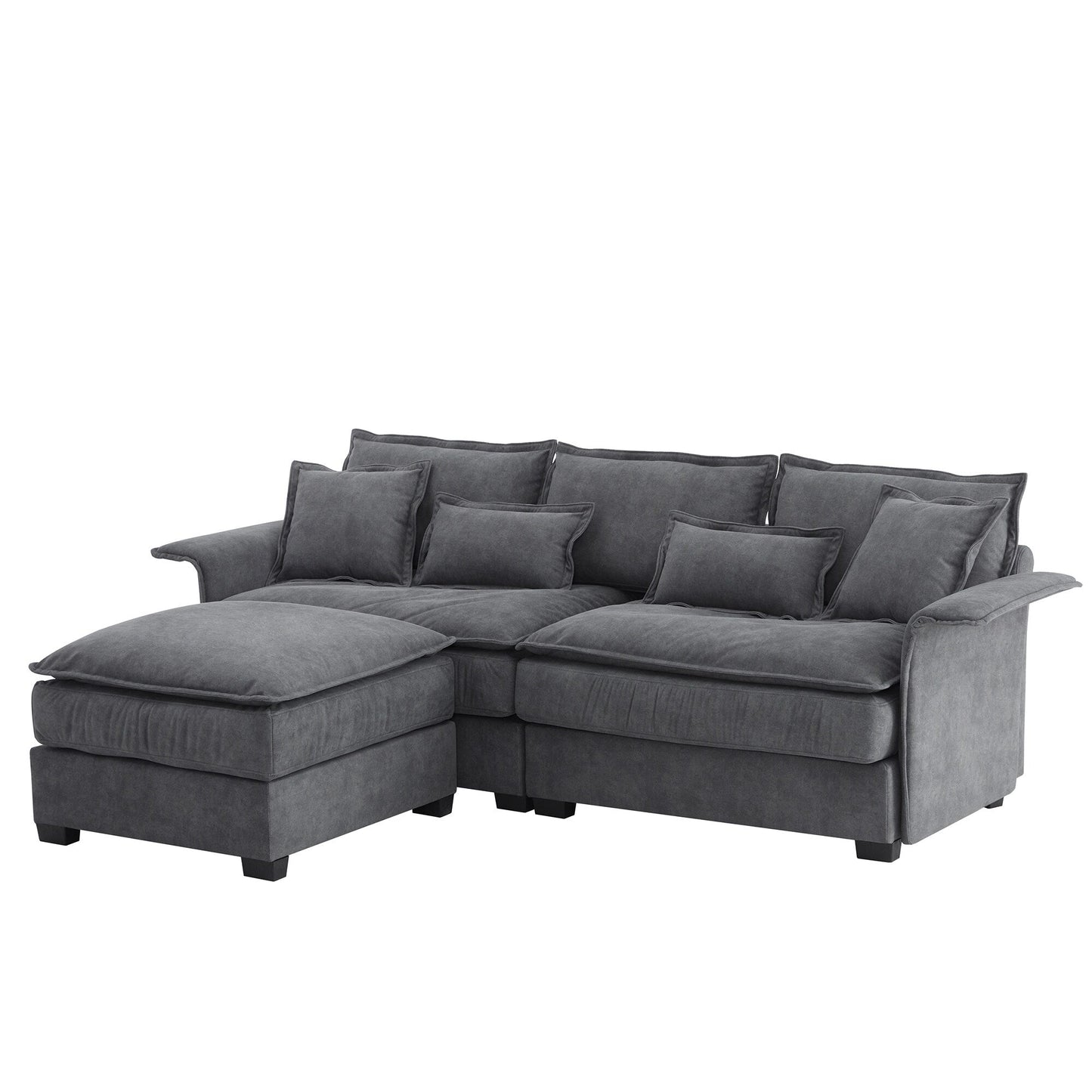 Oversized Sectional Sofa With Bentwood Armrests,Upholstered Indoor Furniture With Double Cushions,L Shape Couch With Ottoman