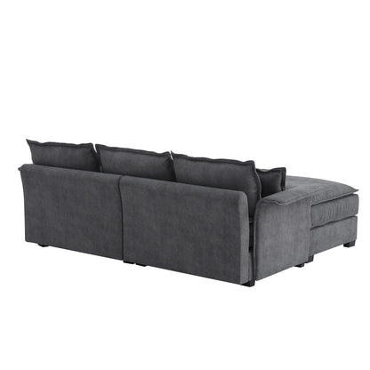 Oversized Sectional Sofa With Bentwood Armrests,Upholstered Indoor Furniture With Double Cushions,L Shape Couch With Ottoman
