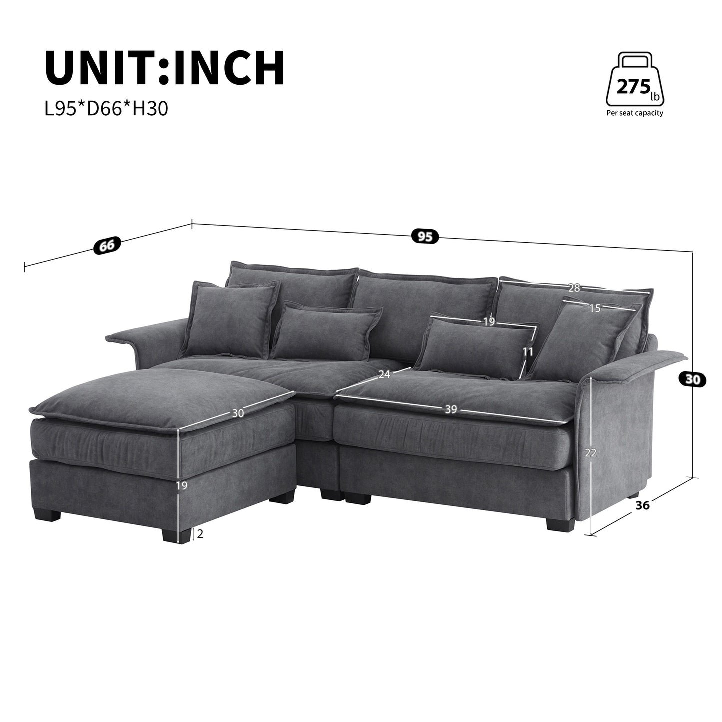 Oversized Sectional Sofa With Bentwood Armrests,Upholstered Indoor Furniture With Double Cushions,L Shape Couch With Ottoman