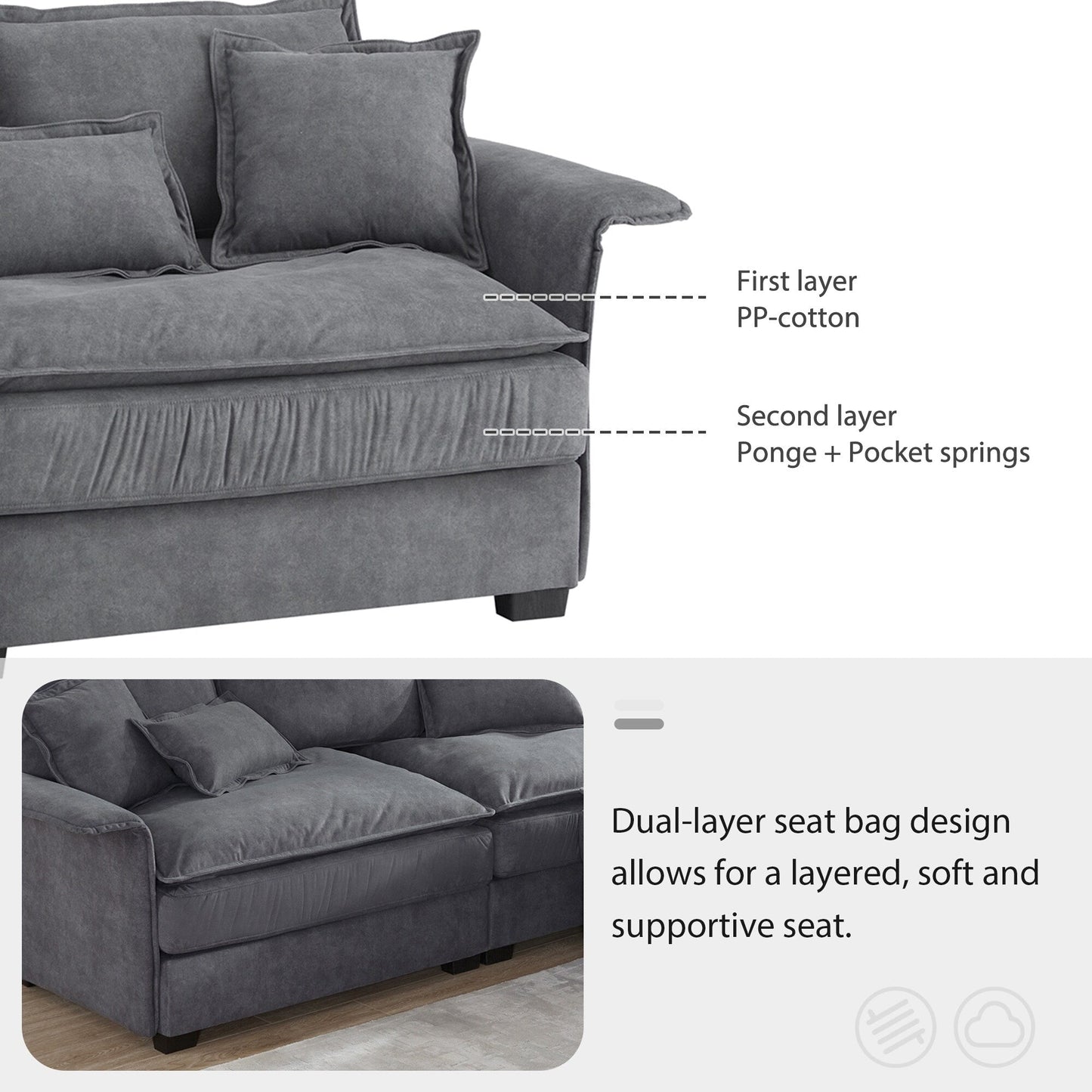 Oversized Sectional Sofa With Bentwood Armrests,Upholstered Indoor Furniture With Double Cushions,L Shape Couch With Ottoman
