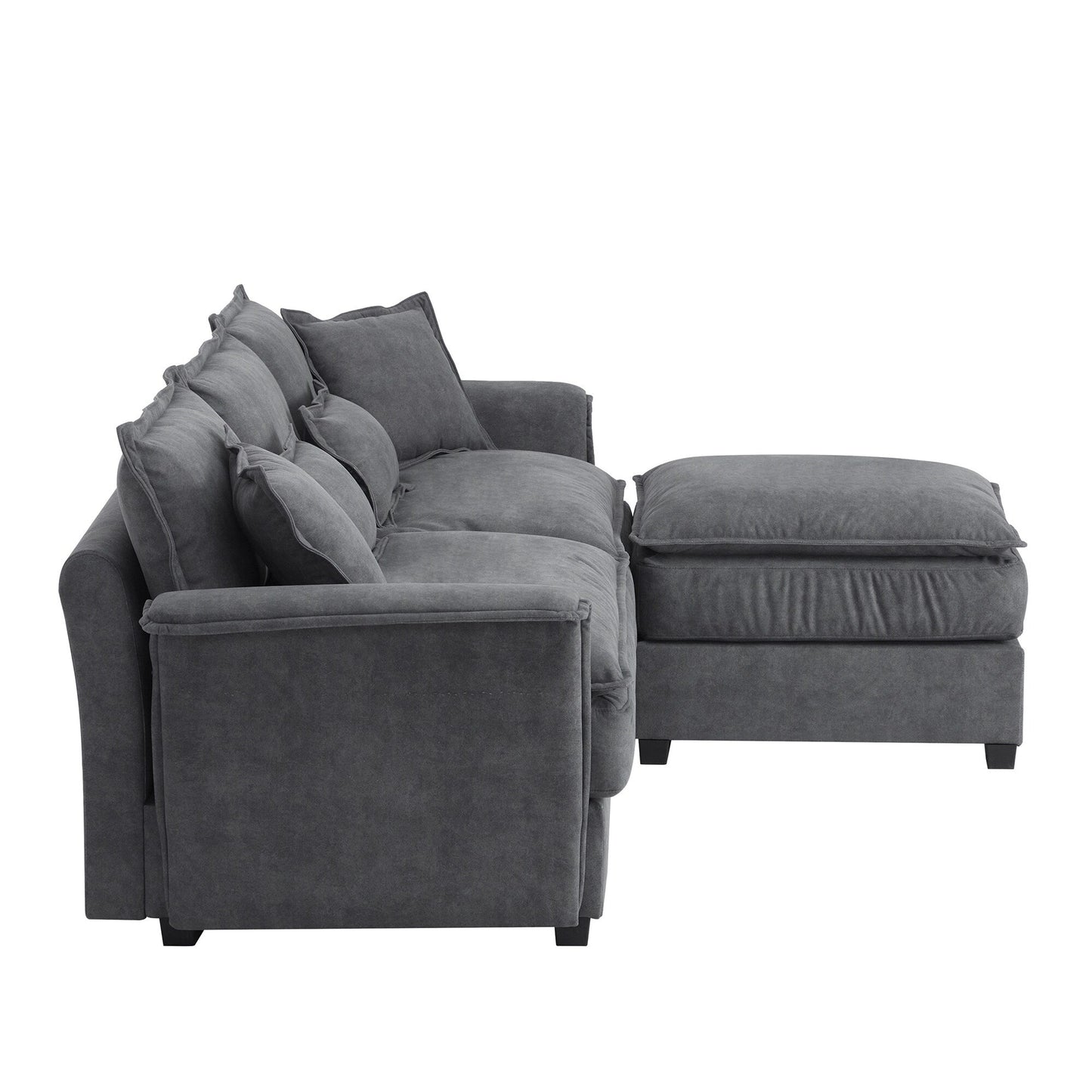 Oversized Sectional Sofa With Bentwood Armrests,Upholstered Indoor Furniture With Double Cushions,L Shape Couch With Ottoman