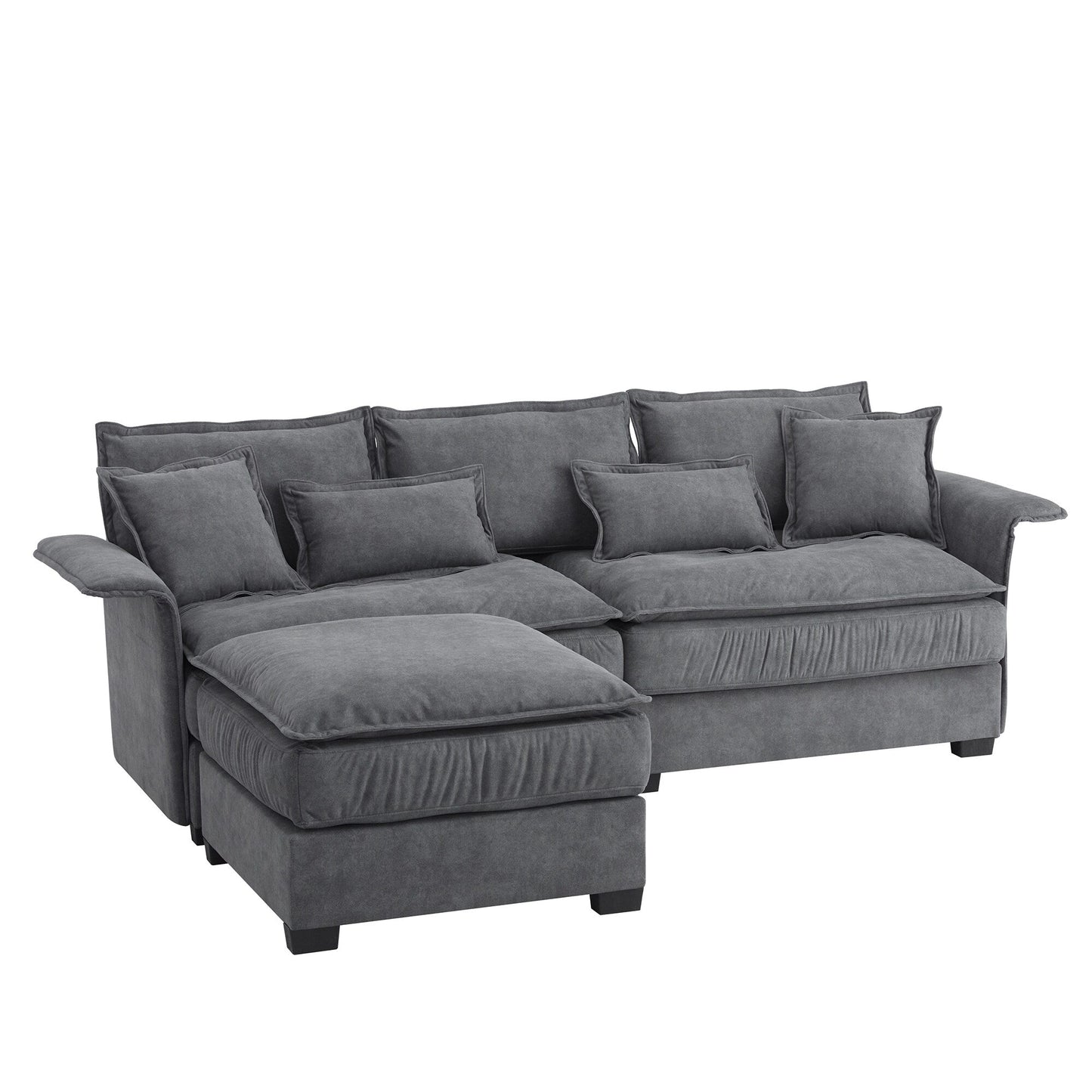 Oversized Sectional Sofa With Bentwood Armrests,Upholstered Indoor Furniture With Double Cushions,L Shape Couch With Ottoman