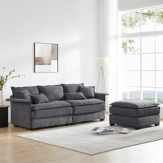 Oversized Sectional Sofa With Bentwood Armrests,Upholstered Indoor Furniture With Double Cushions,L Shape Couch With Ottoman