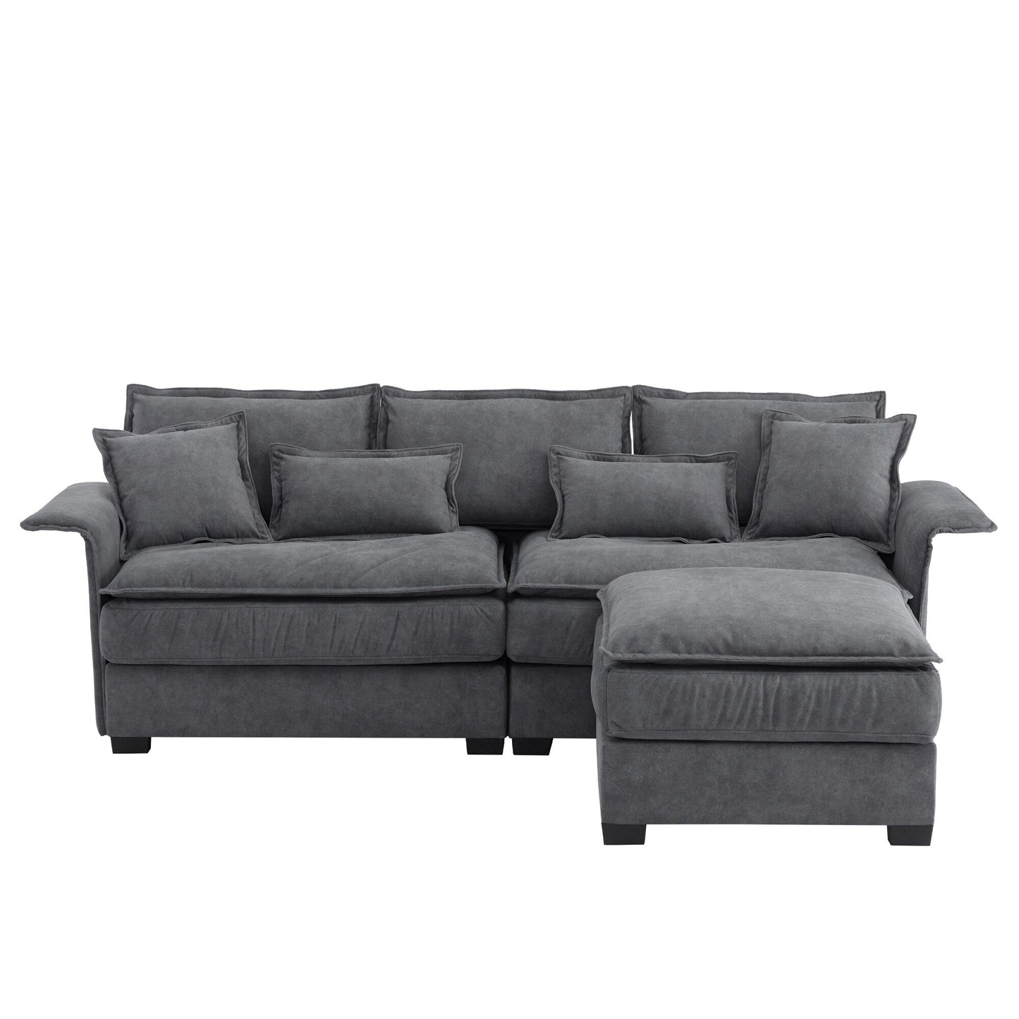 Oversized Sectional Sofa With Bentwood Armrests,Upholstered Indoor Furniture With Double Cushions,L Shape Couch With Ottoman