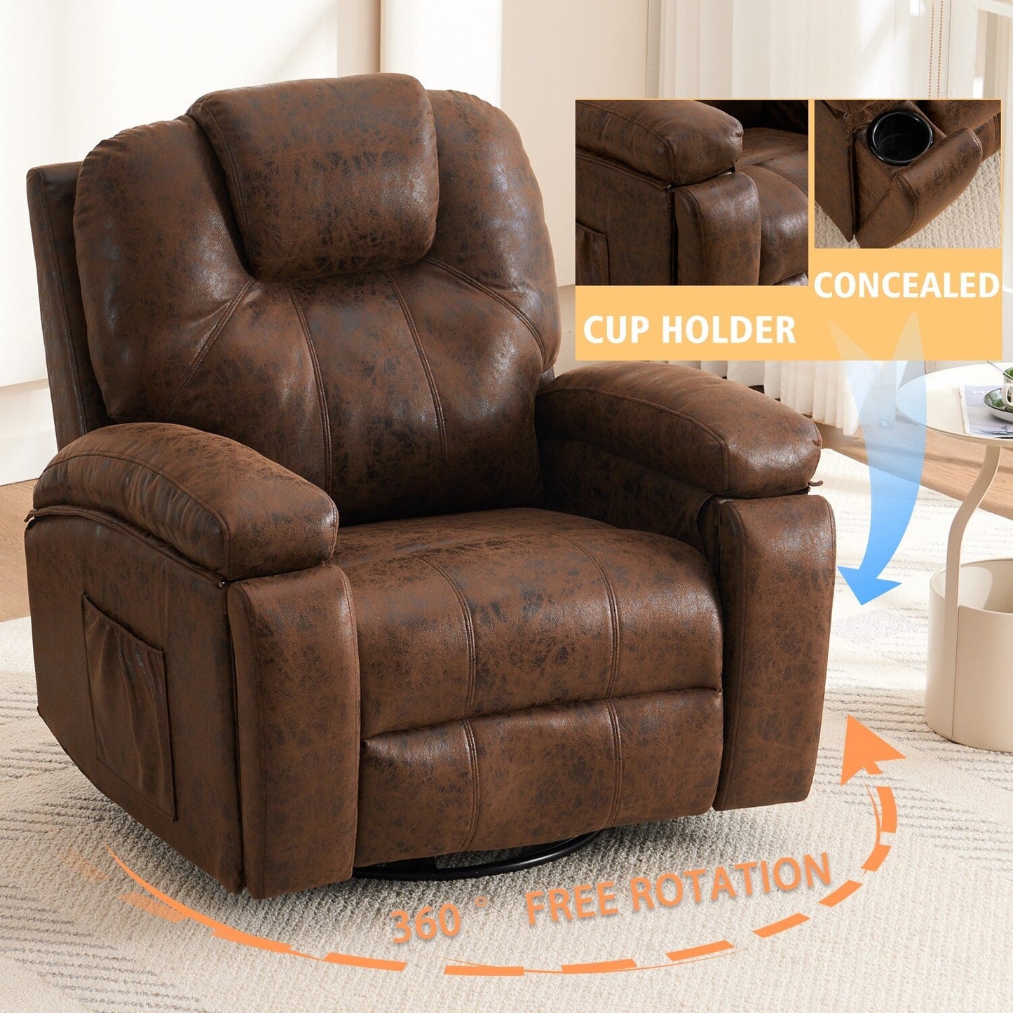 Oversized Single Sofa Adjustable Swivel Armchair with Side Pockets for Living Room Meeting Room Bedroom