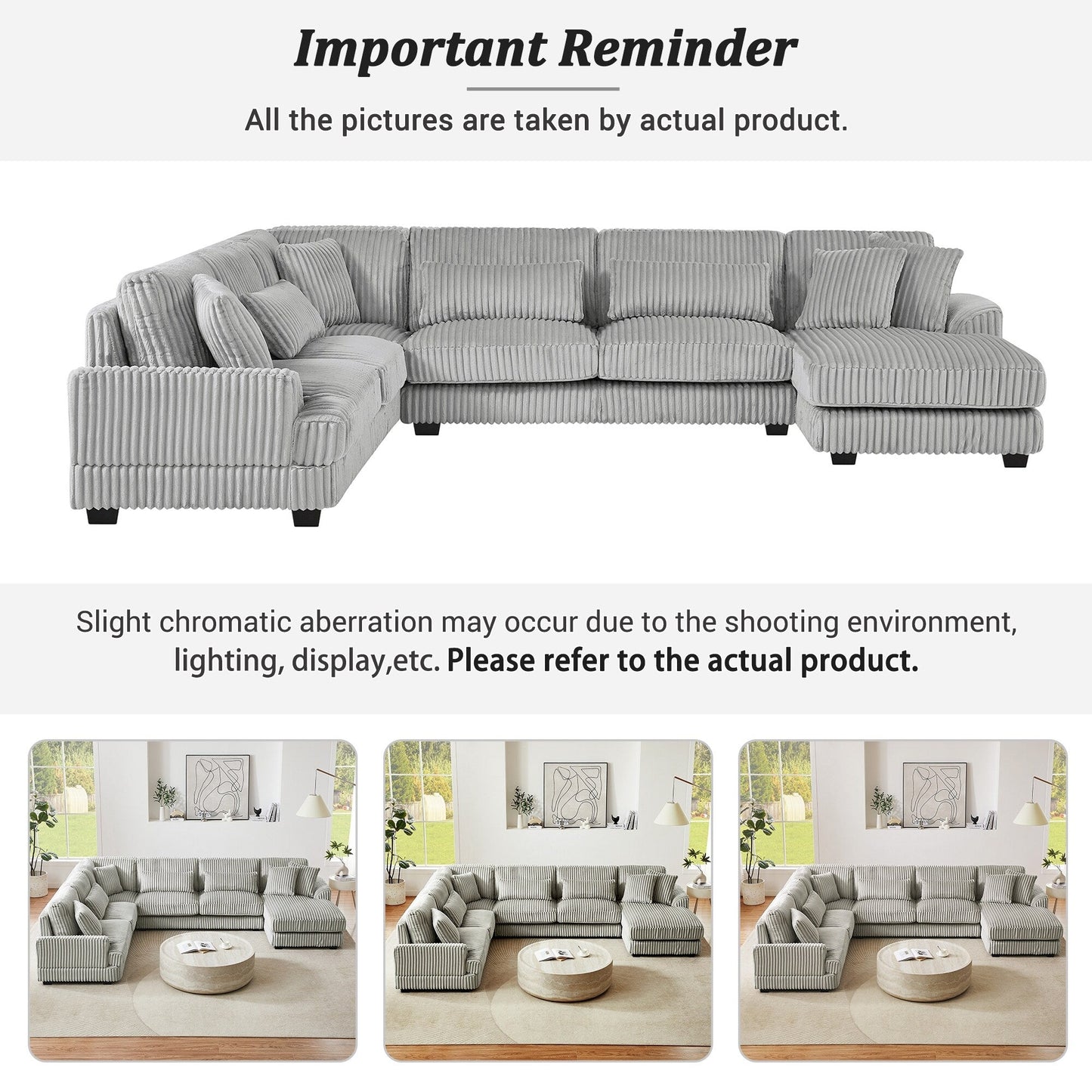 Oversized U-Shaped Sectional Sofa with Chaise, 4 Square and 3 Lumbar Pillows for Living Room