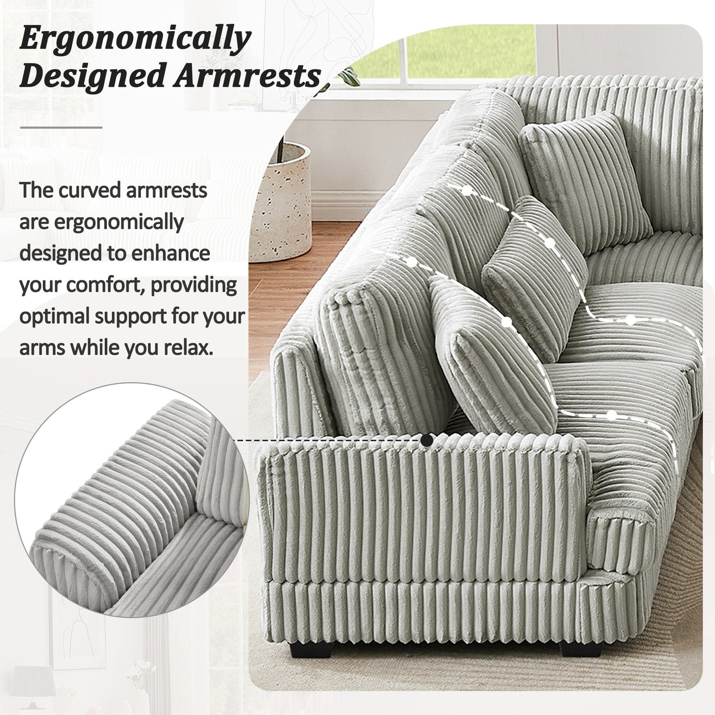 Oversized U-Shaped Sectional Sofa with Chaise, 4 Square and 3 Lumbar Pillows for Living Room