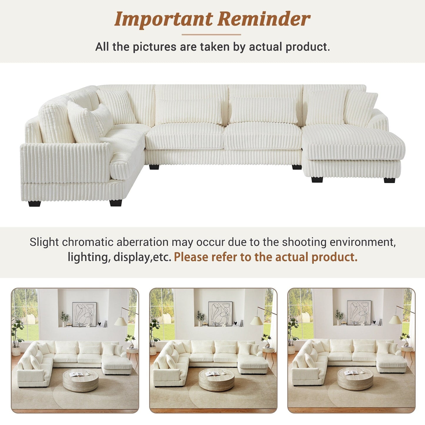 Oversized U-Shaped Sectional Sofa with Chaise, 4 Square and 3 Lumbar Pillows for Living Room