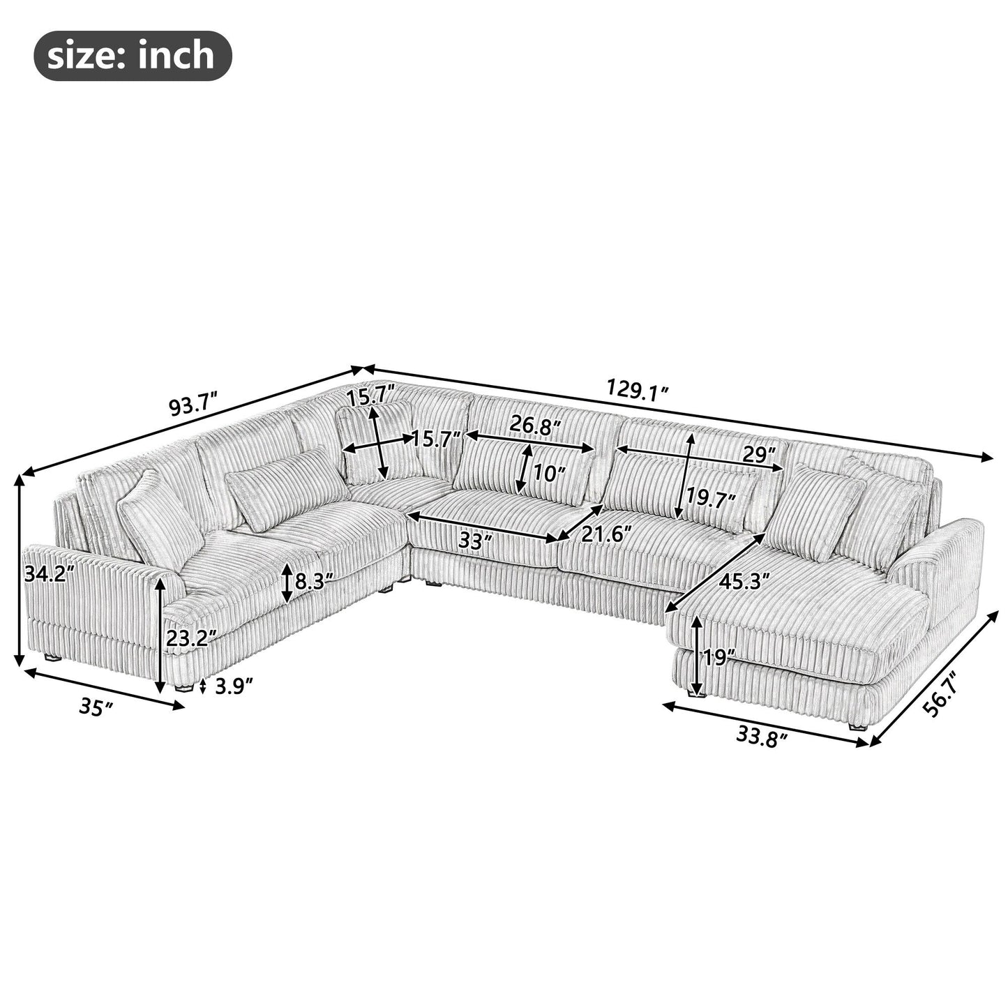 Oversized U-Shaped Sectional Sofa with Chaise, 4 Square and 3 Lumbar Pillows for Living Room