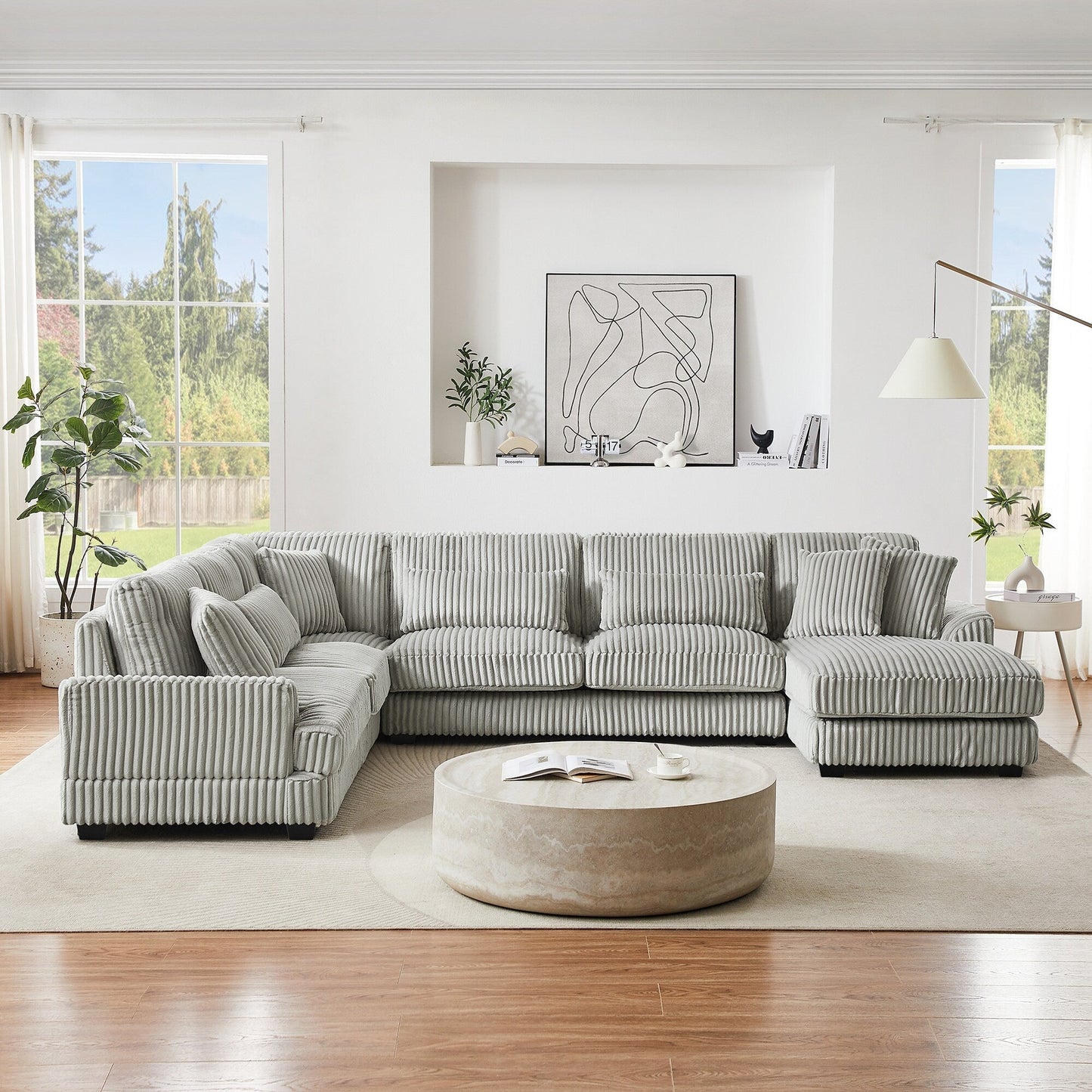 Oversized U-Shaped Sectional Sofa with Chaise, 4 Square and 3 Lumbar Pillows for Living Room