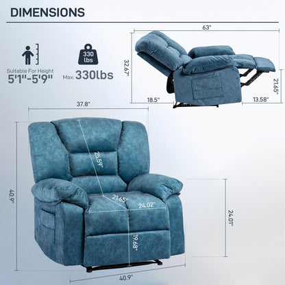 Oversized Upholstered Manual Recliner with 8-Point Vibration Massage, Lumbar Heating, 2 Side Pockets