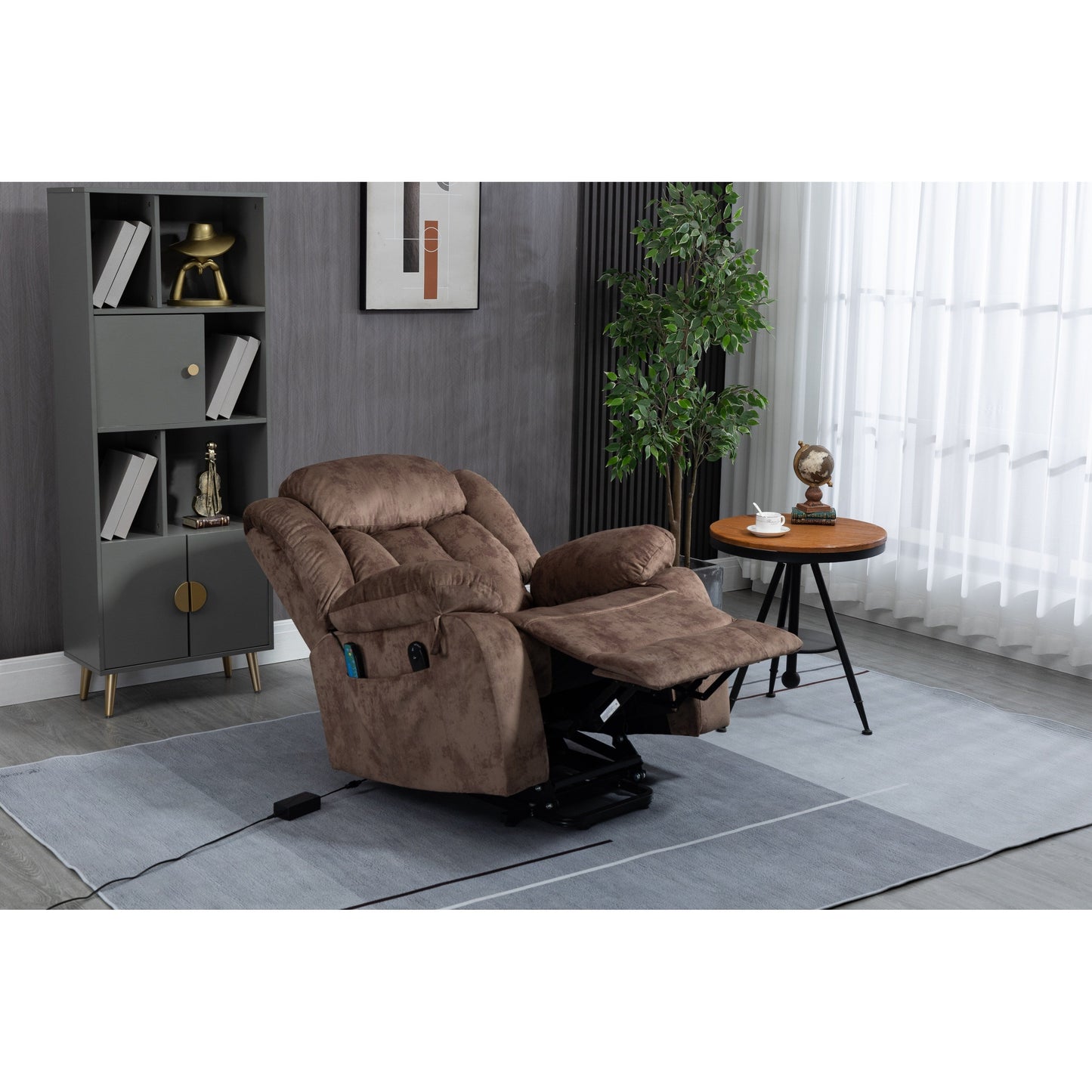 Oversized Velvet Upholstered Power Lift Recliner with Massage, Lumbar Heating, 2 Side Pockets, USB Port