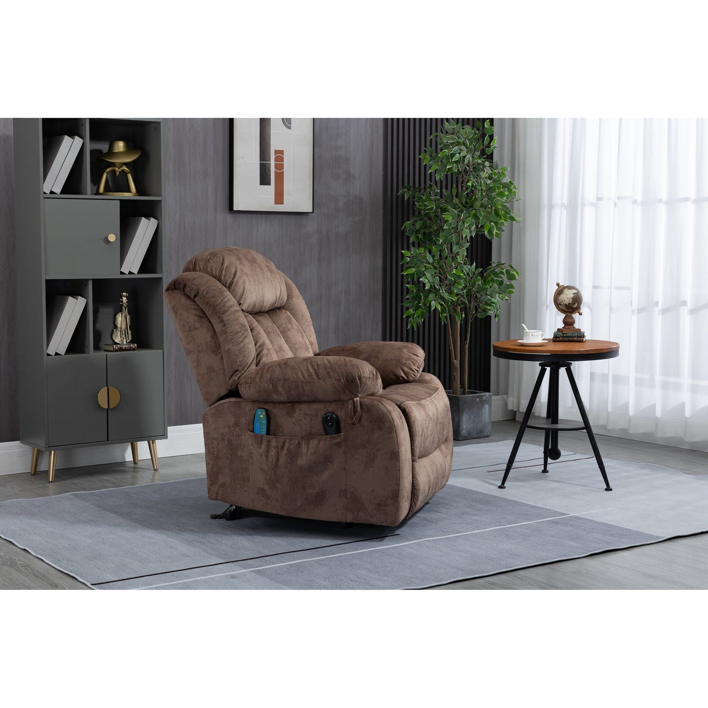 Oversized Velvet Upholstered Power Lift Recliner with Massage, Lumbar Heating, 2 Side Pockets, USB Port