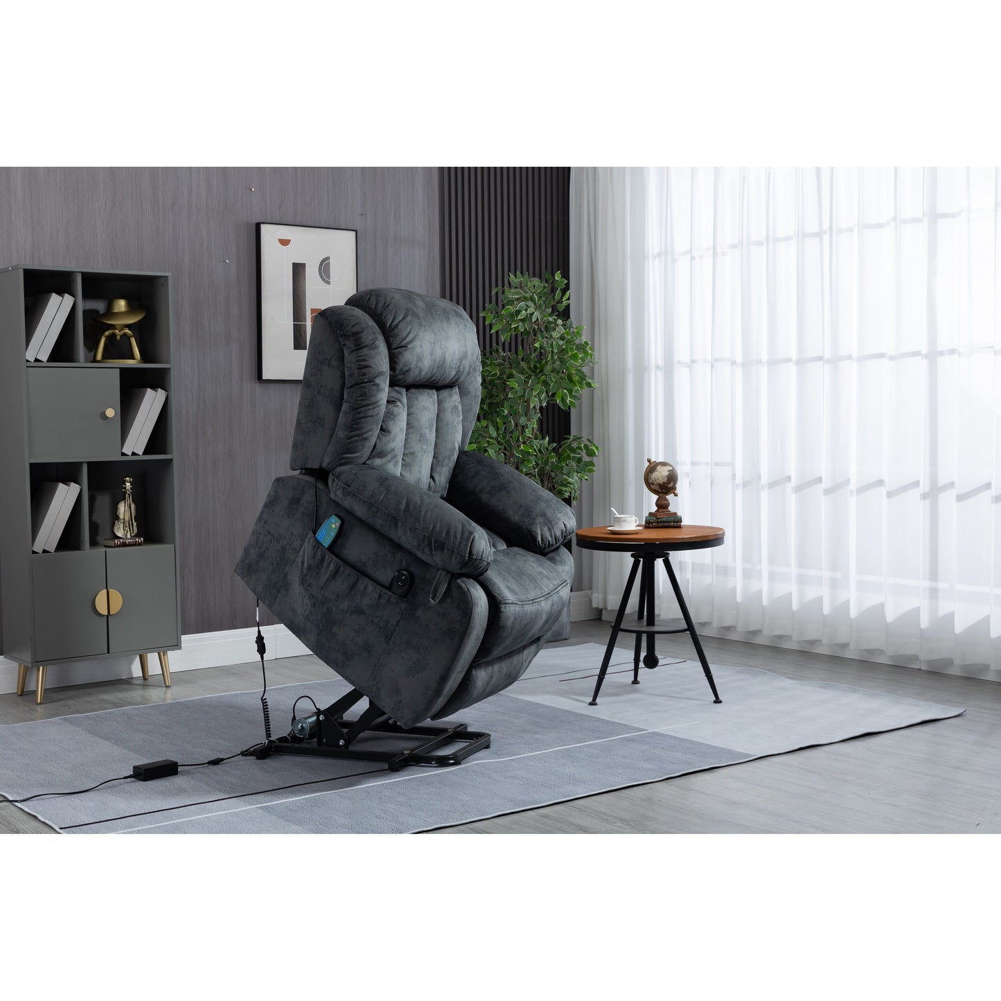 Oversized Velvet Upholstered Power Lift Recliner with Massage, Lumbar Heating, 2 Side Pockets, USB Port