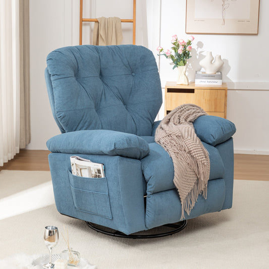 Overstuffed Swivel Glider Recliner Chair with Soft Artificial Fleece and Side Pocket