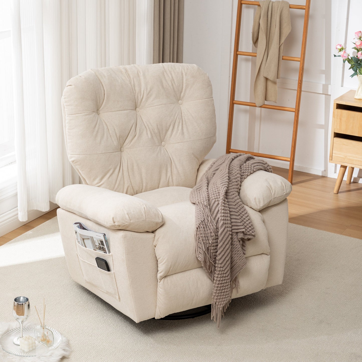 Overstuffed Swivel Glider Recliner Chair with Soft Artificial Fleece and Side Pocket