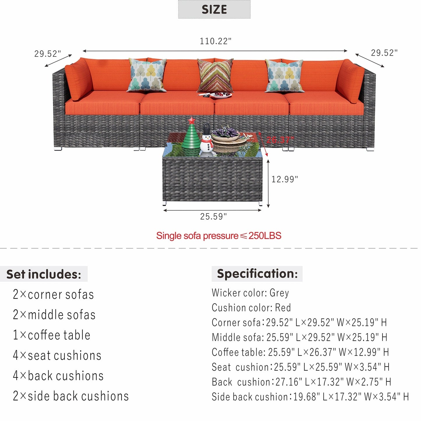 OVIOS Deep Seat Wicker 5-piece Sectional Set