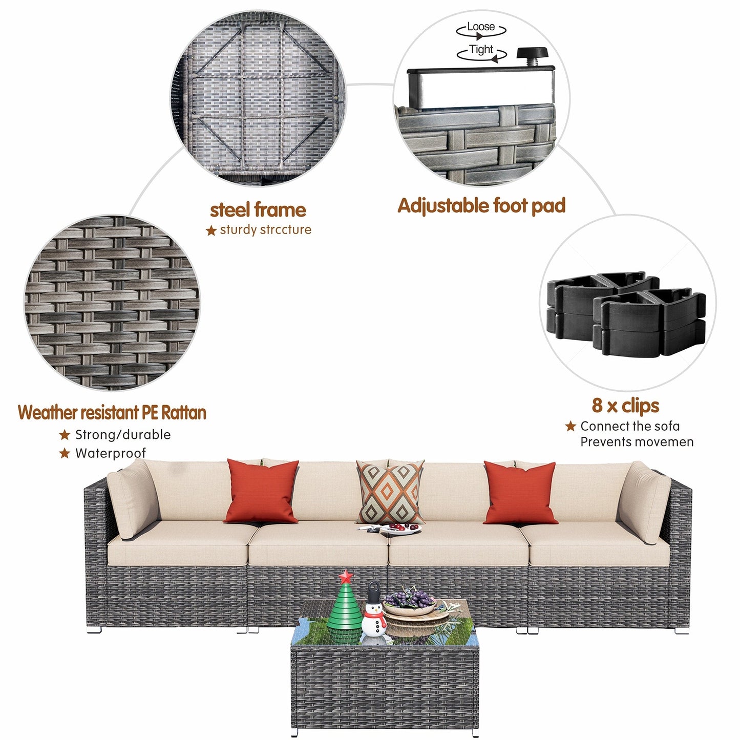 OVIOS Deep Seat Wicker 5-piece Sectional Set