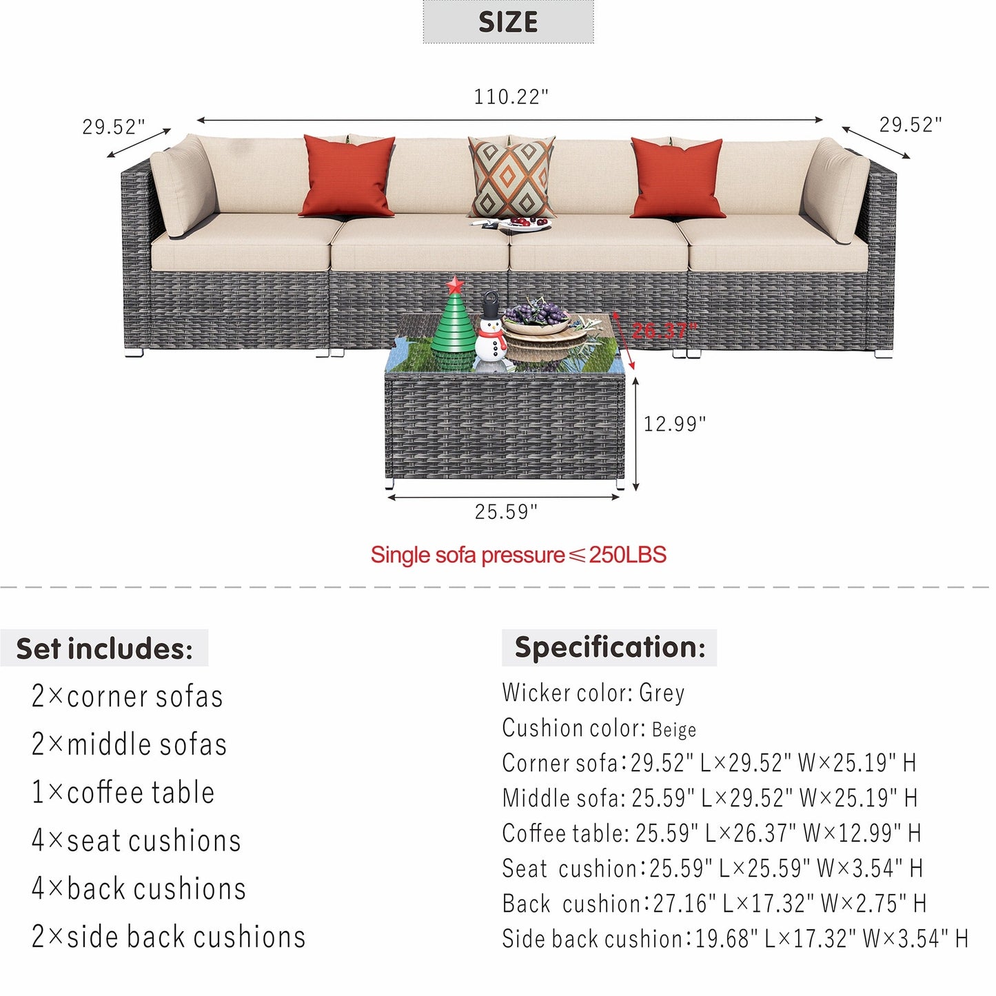 OVIOS Deep Seat Wicker 5-piece Sectional Set