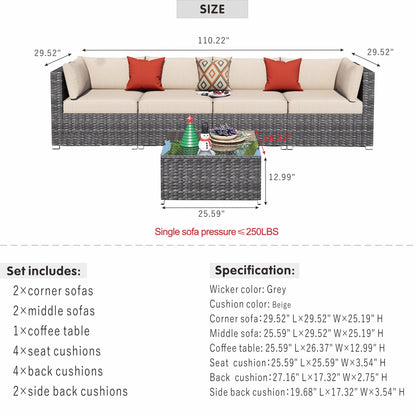 OVIOS Deep Seat Wicker 5-piece Sectional Set