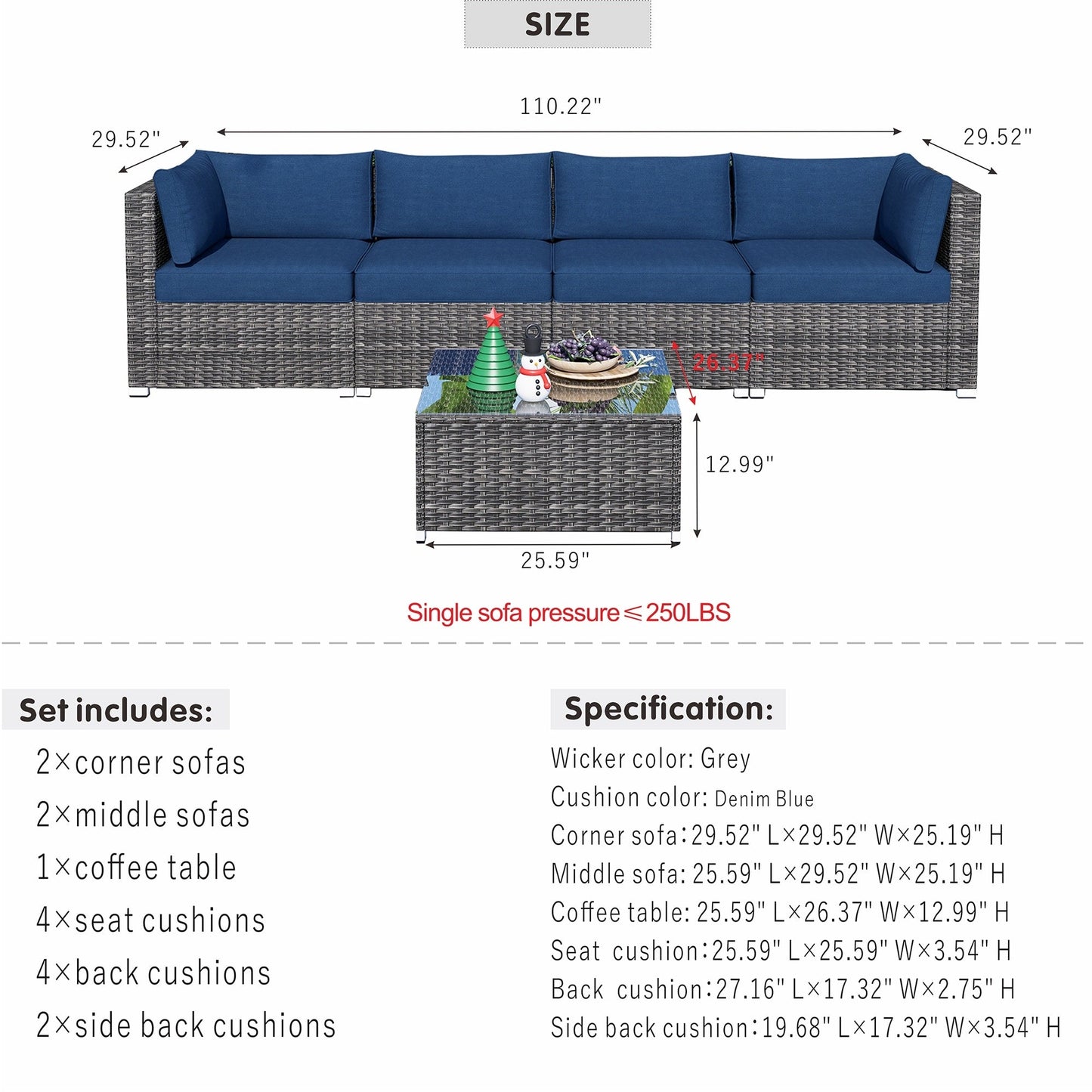OVIOS Deep Seat Wicker 5-piece Sectional Set