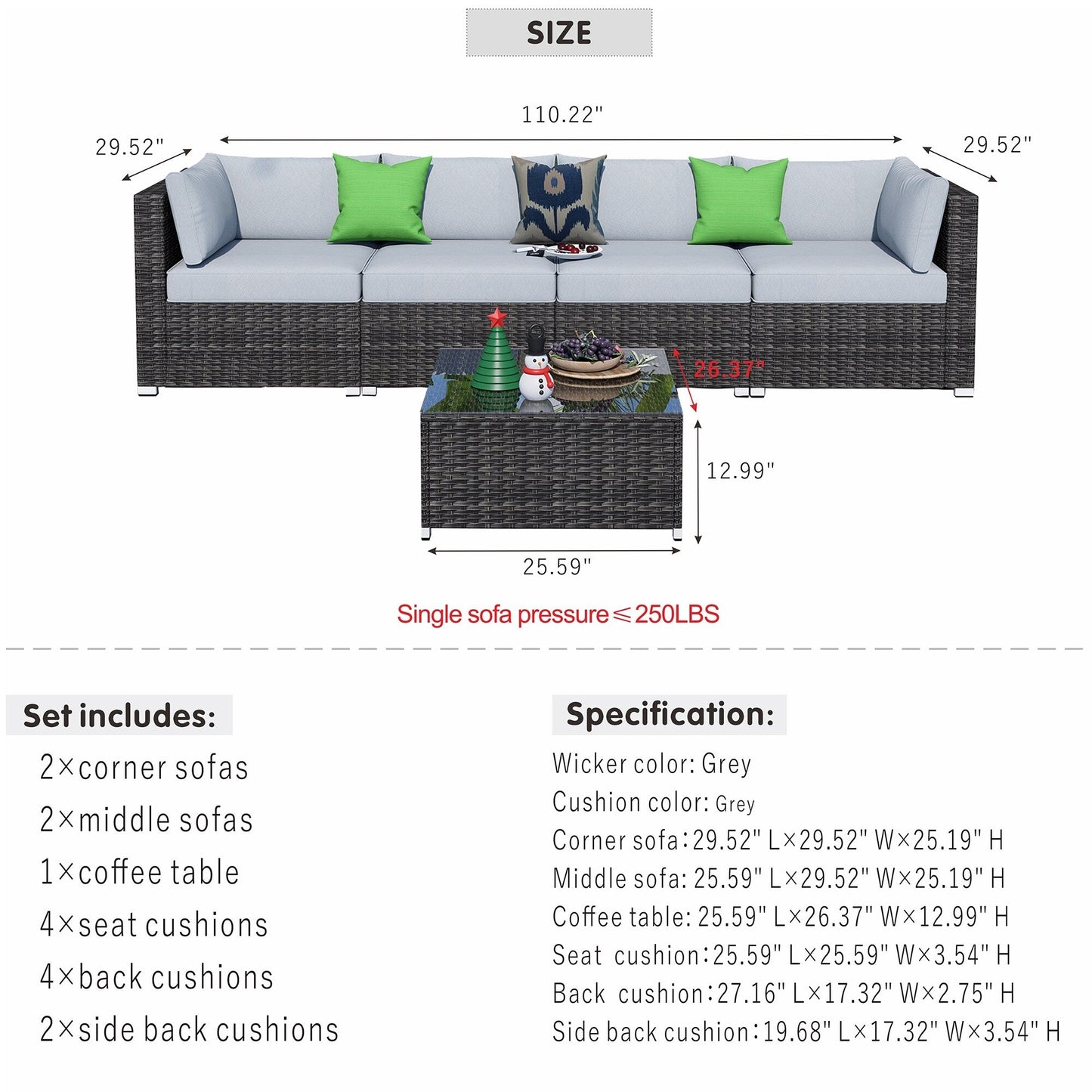 OVIOS Deep Seat Wicker 5-piece Sectional Set