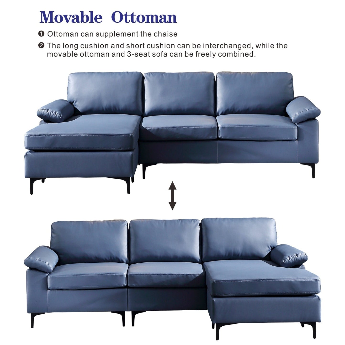 OVIOS Reversible Chaise Sofa With Fluffy Cushions Metal Legs