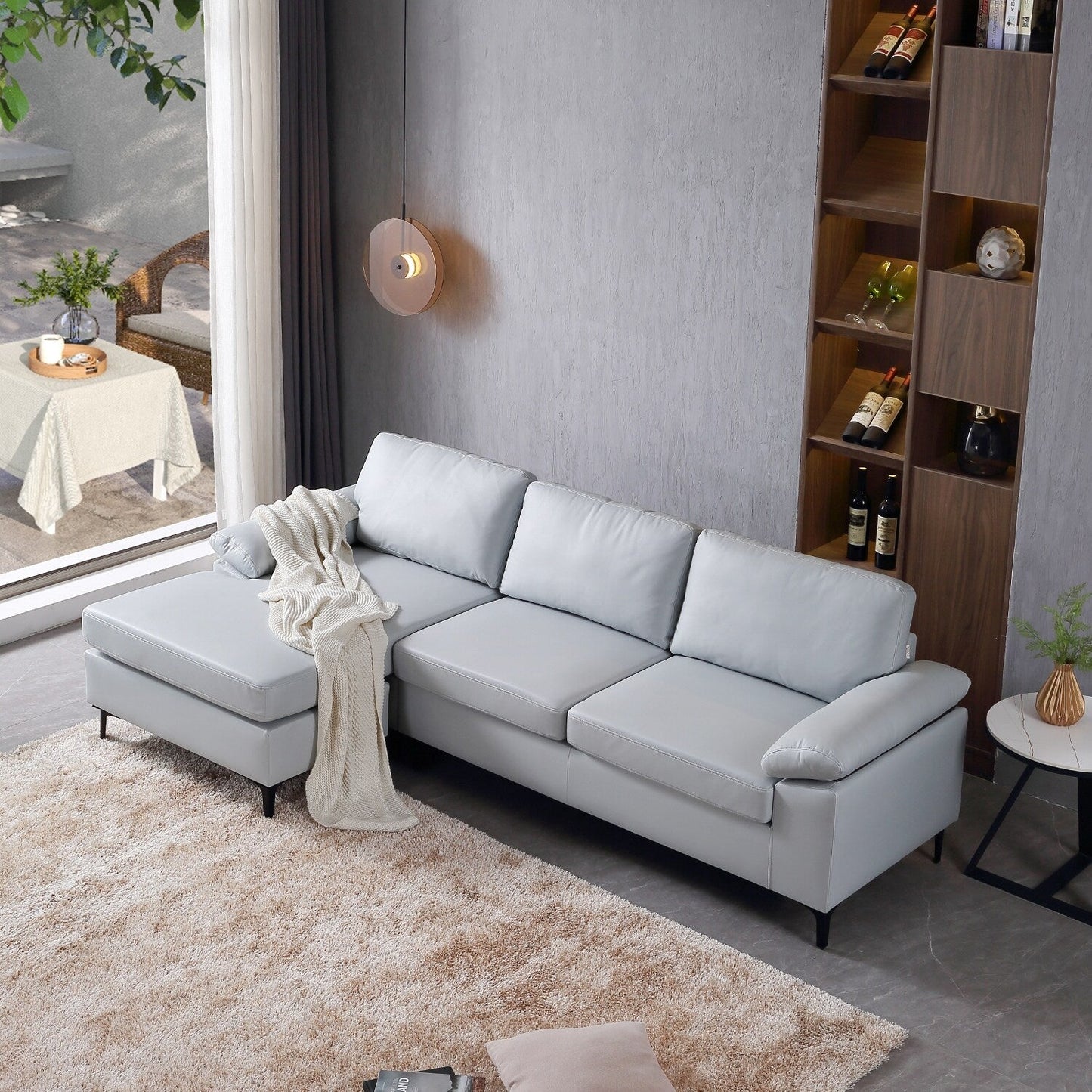 OVIOS Reversible Chaise Sofa With Fluffy Cushions Metal Legs
