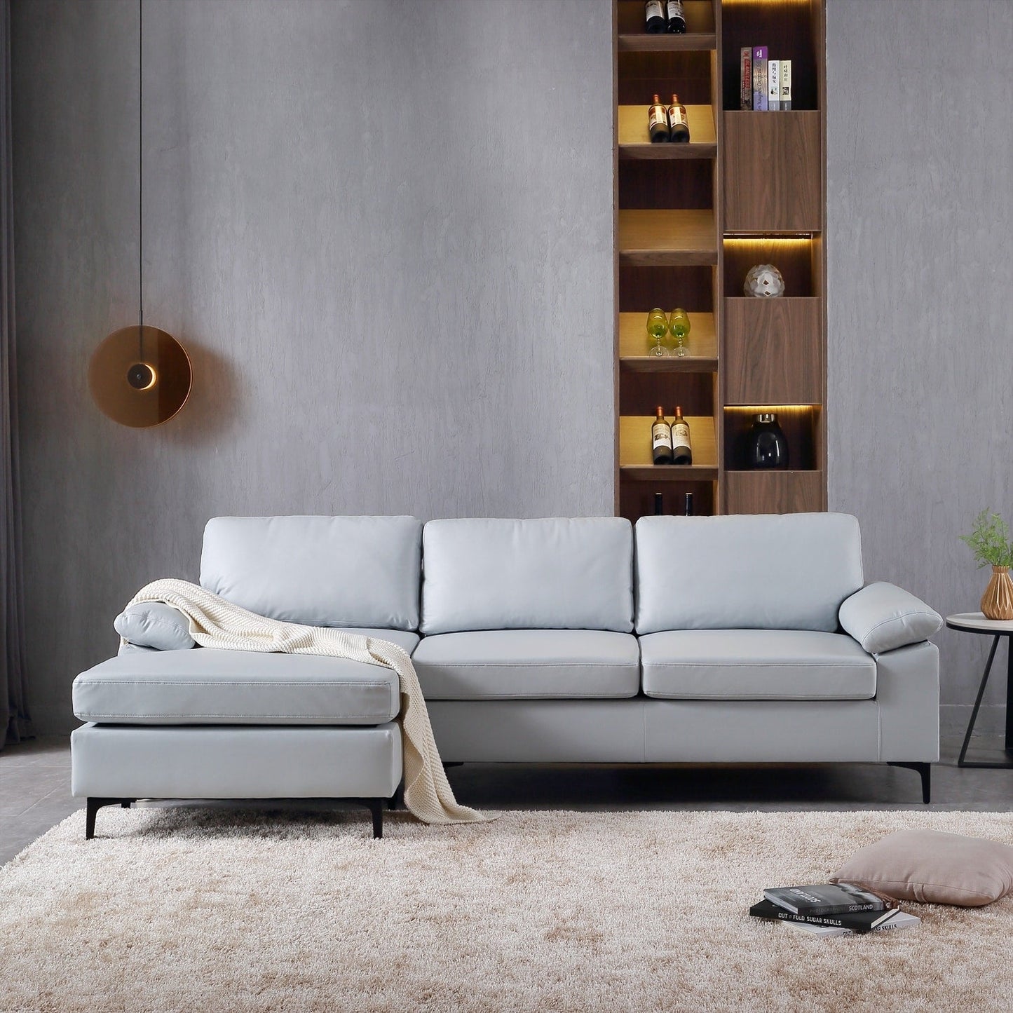 OVIOS Reversible Chaise Sofa With Fluffy Cushions Metal Legs