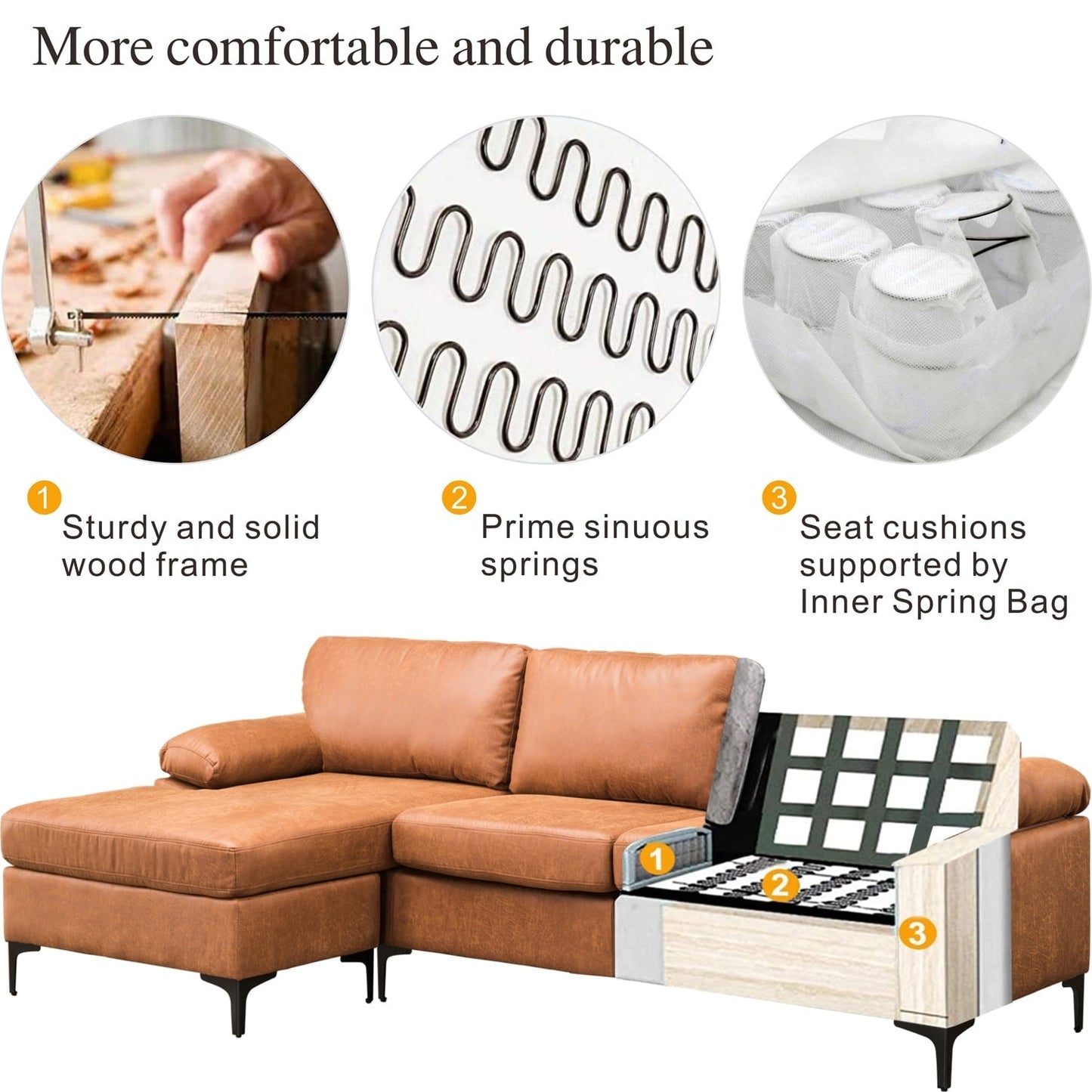OVIOS Reversible Chaise Sofa With Fluffy Cushions Metal Legs