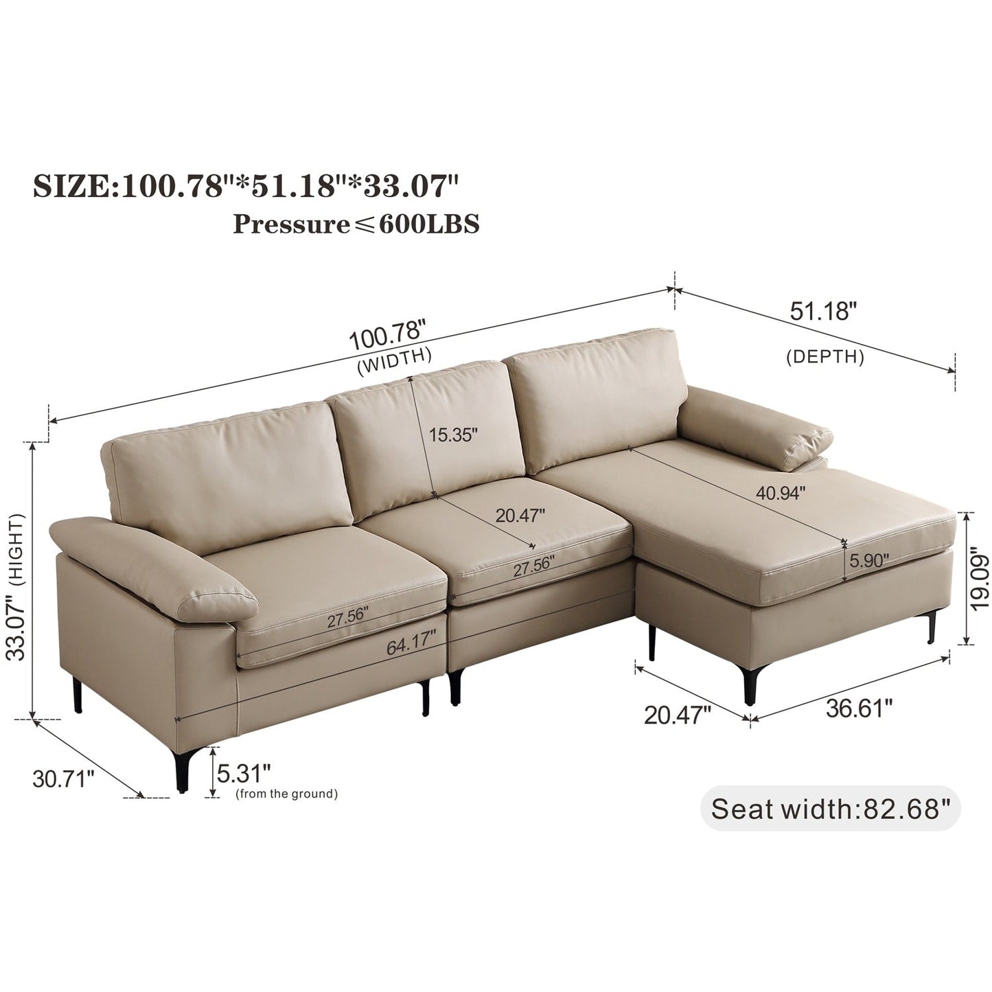 OVIOS Reversible Chaise Sofa With Fluffy Cushions Metal Legs
