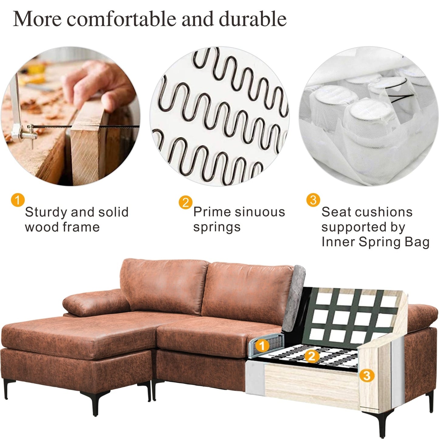 OVIOS Reversible Chaise Sofa With Fluffy Cushions Metal Legs
