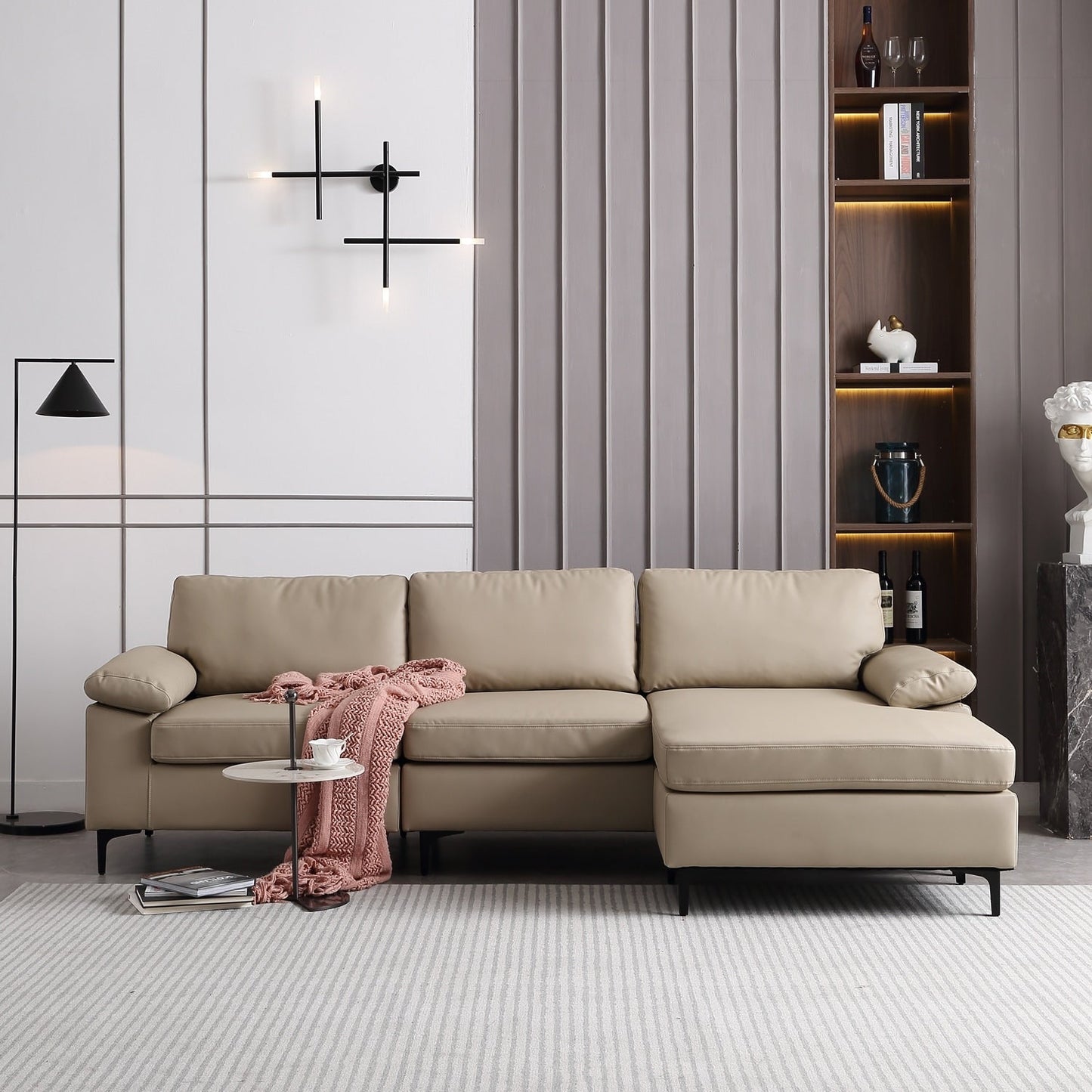 OVIOS Reversible Chaise Sofa With Fluffy Cushions Metal Legs